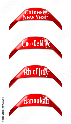 Red labels with the names of holidays - vector