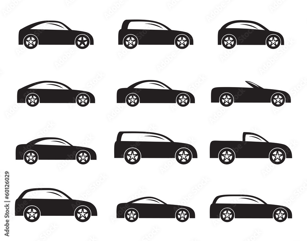 Silhouette different types of cars icons