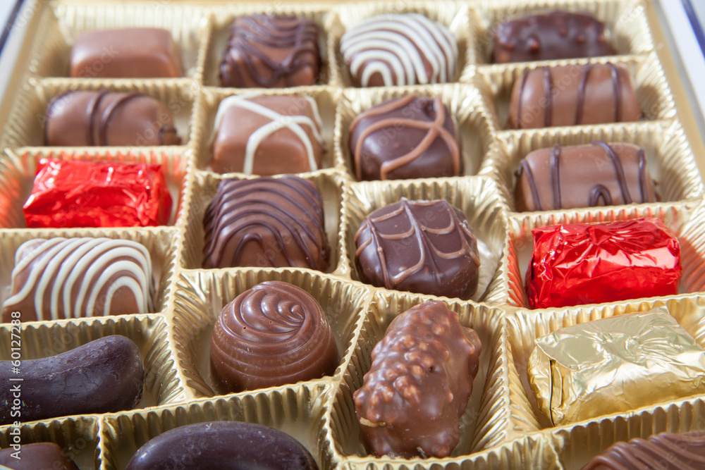 box of various chocolate candies box of various chocolate candies