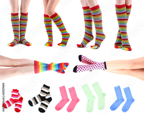 Collage of female legs in colorful socks and socks