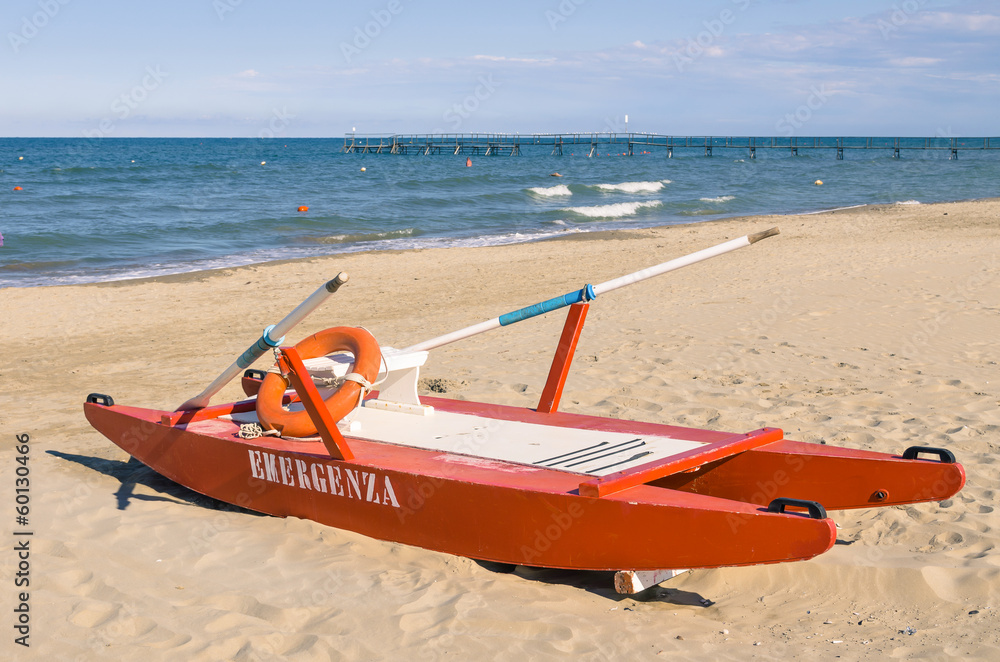 Italian lifeguard rescue rowboat - Rimini Beach Italian lifeguard rescue rowboat - Rimini Beach