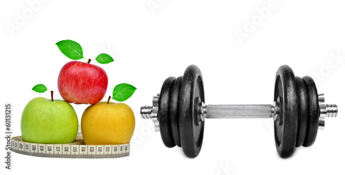Black dumbbell with apples on white background