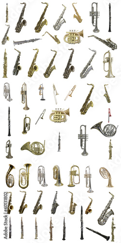 The image of wind instruments isolated under a white background