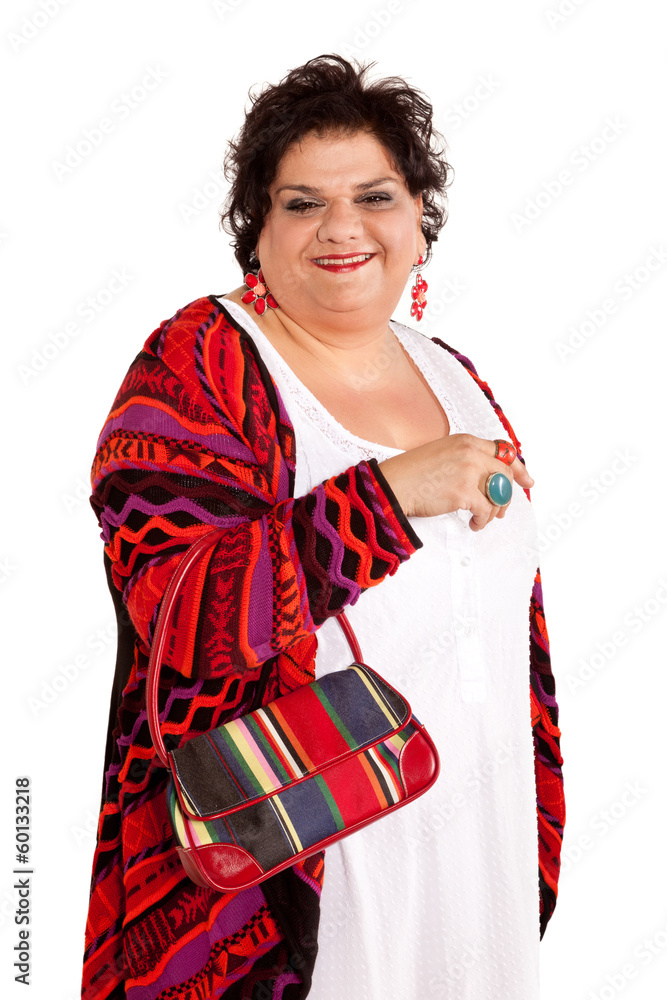 portrait of cheerful woman with her bag portrait of cheerful woman with her bag