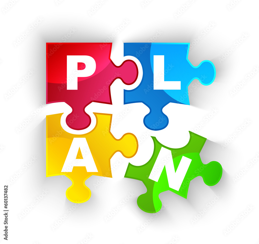 PLAN puzzle pieces with shadow isolated on white PLAN puzzle pieces with shadow isolated on white