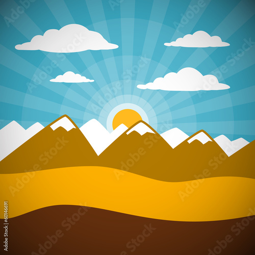 Nature Retro Mountains Illustration with Clouds, Sun, Blue Sky