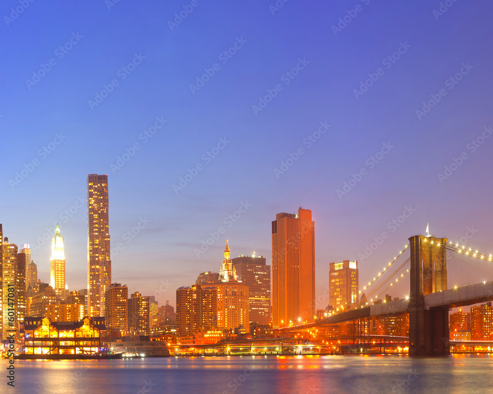 New York City  USA, lights on buildings during sunset