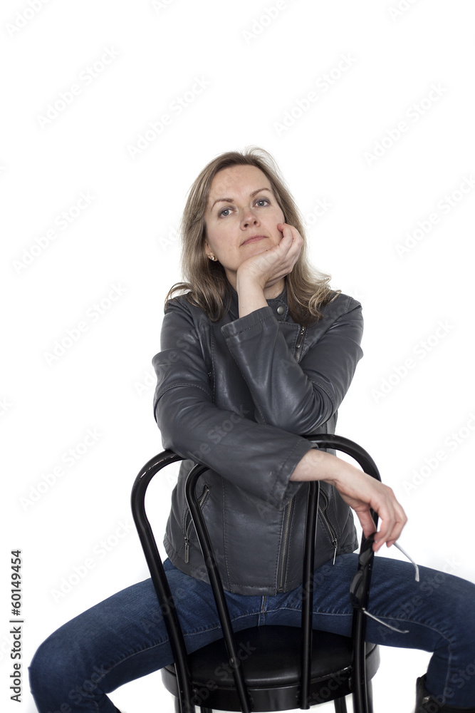 Fototapeta premium Blonde Woman with Beautiful Blue Eyes on White Background
