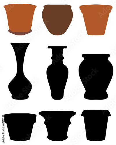 Silhouettes of flower pots and pottery, vector