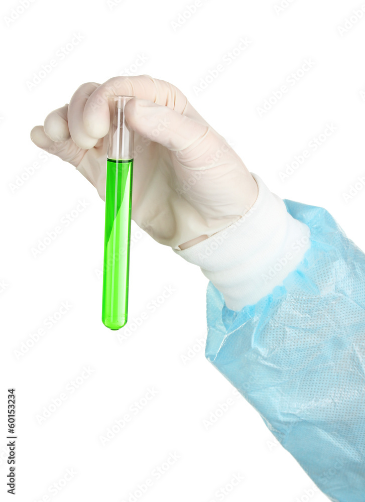 Glass tube with fluid in scientist hand during medical test Glass tube with fluid in scientist hand during medical test