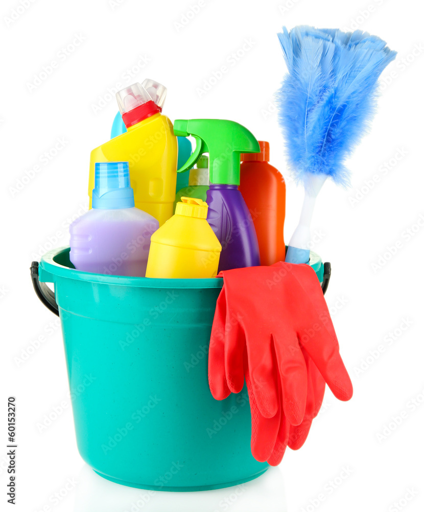 Cleaning items in bucket isolated on white Cleaning items in bucket isolated on white