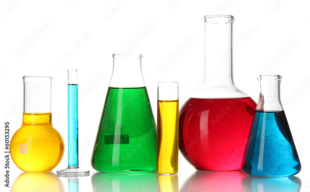 Test tubes with colorful liquids isolated on white Test tubes with colorful liquids isolated on white