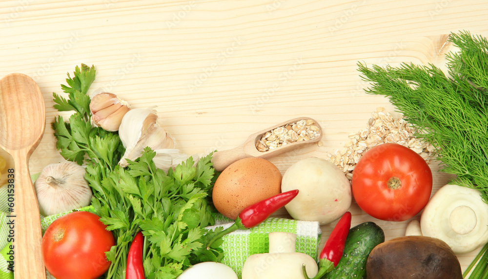 Cooking concept. Groceries on wooden table