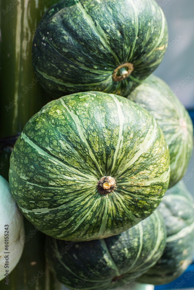 Market Stall Pumpkins in Baskets Closeup Market Stall Pumpkins in Baskets Closeup