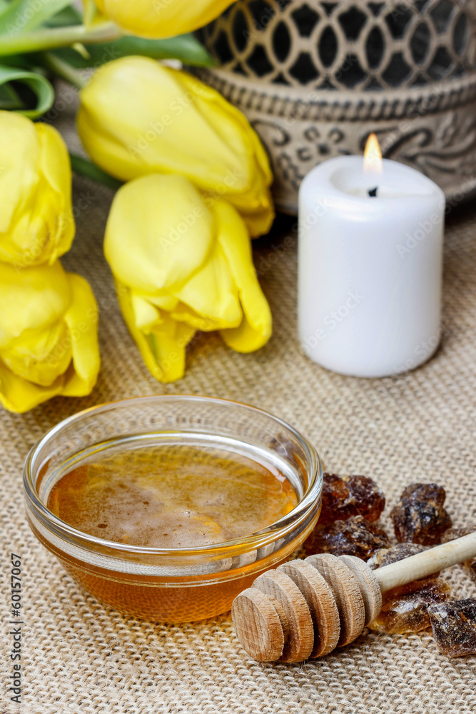 Bowl of honey on wooden table. Symbol of healthy living Bowl of honey on wooden table. Symbol of healthy living