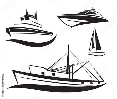 Vector black ship and boat set.