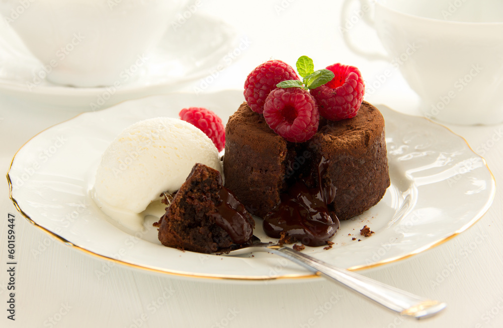 Chocolate fondant (pudding) with raspberries. Chocolate fondant (pudding) with raspberries.