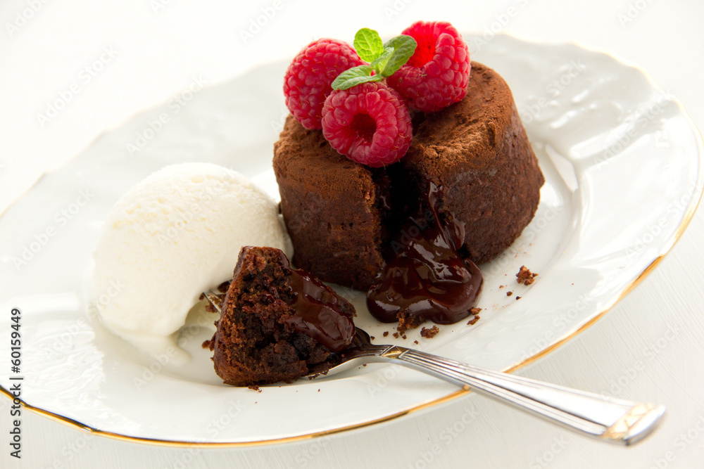 Chocolate fondant (pudding) with raspberries. Chocolate fondant (pudding) with raspberries.