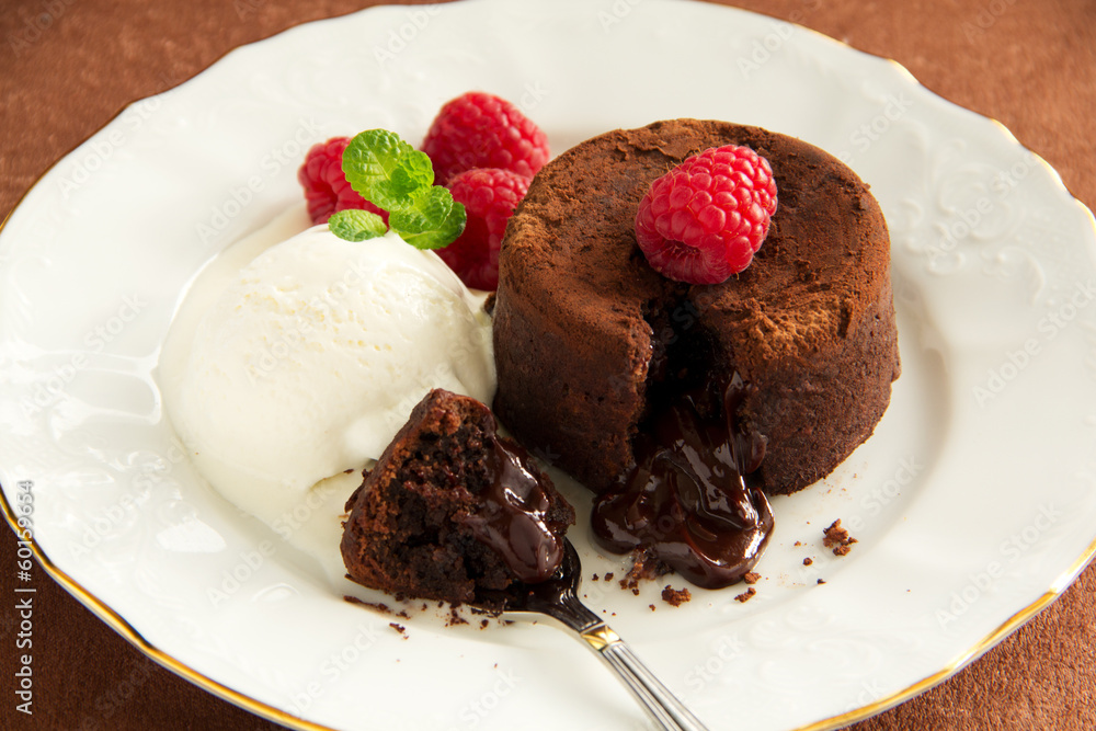 Chocolate fondant (pudding) with raspberries. Chocolate fondant (pudding) with raspberries.
