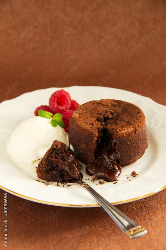 Chocolate fondant (pudding) with raspberries. Chocolate fondant (pudding) with raspberries.