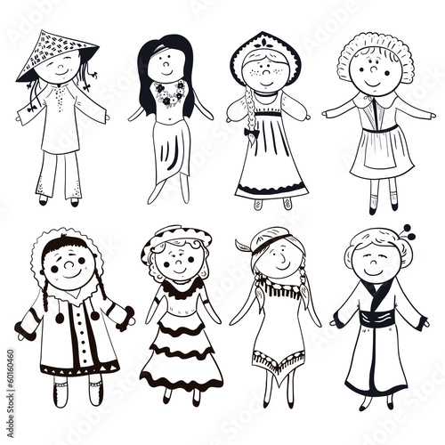 Cartoon women in different traditional costumes