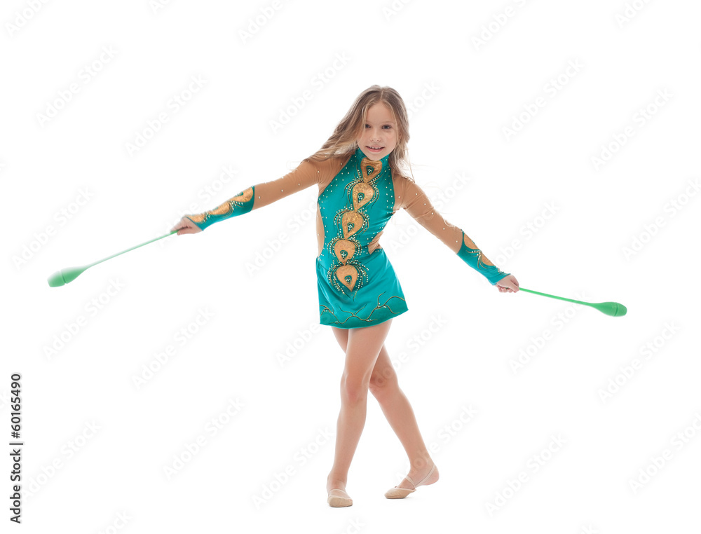 Smiling artistic gymnast performs with mace Smiling artistic gymnast performs with mace
