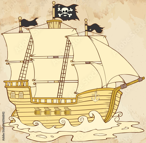 Pirate Ship Sailing Under Jolly Roger Flag In Old Paper