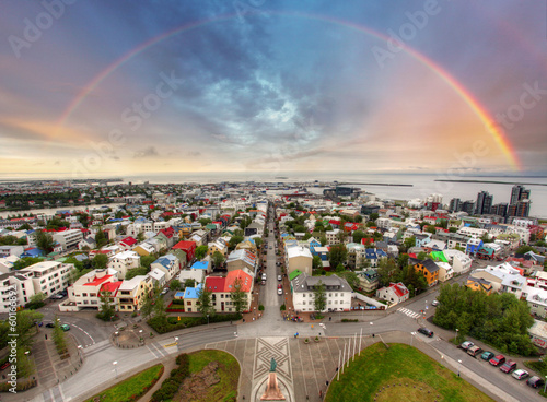 Reykjavik cityspace with rainbow