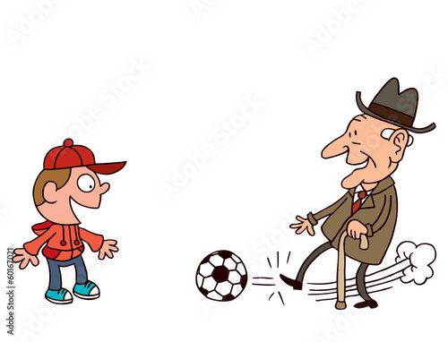Grandfather and grandson playing football