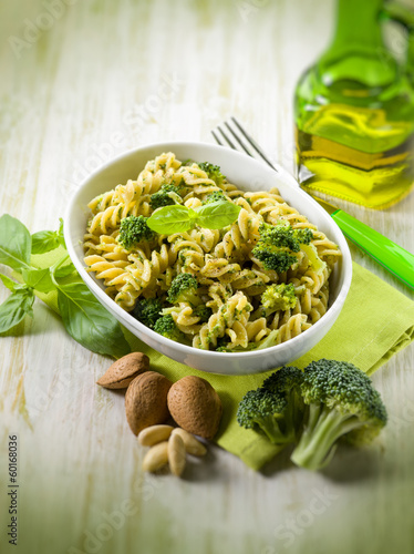 fusilli with broccoli and almond sauce, selective focus
