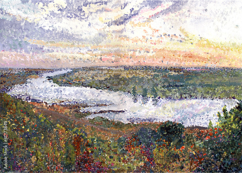 Landscape with a Tom river in Siberia. Gouashe picture.