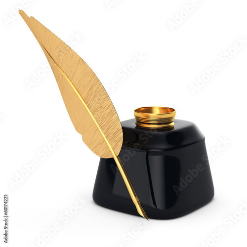golden writing pen and inkwell