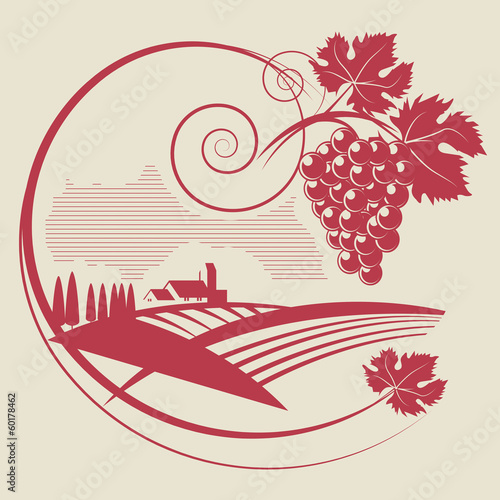Billede på lærred The grape and wineyard silhouette, vector illustration