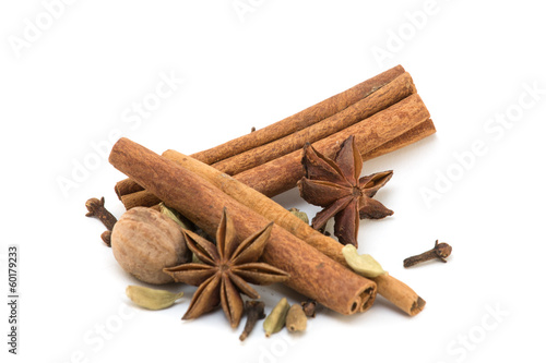 Cinnamon, anise, nutmeg, cloves and cardamom isolated