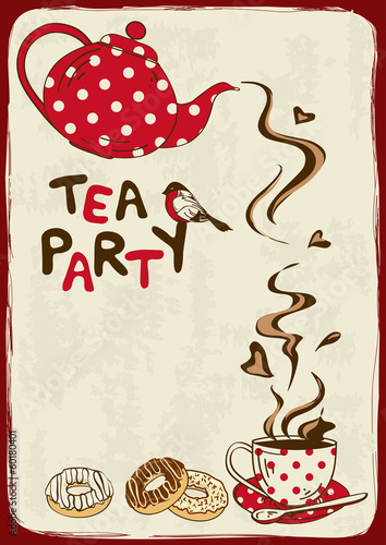 Tea party invitation with teapot and teacup