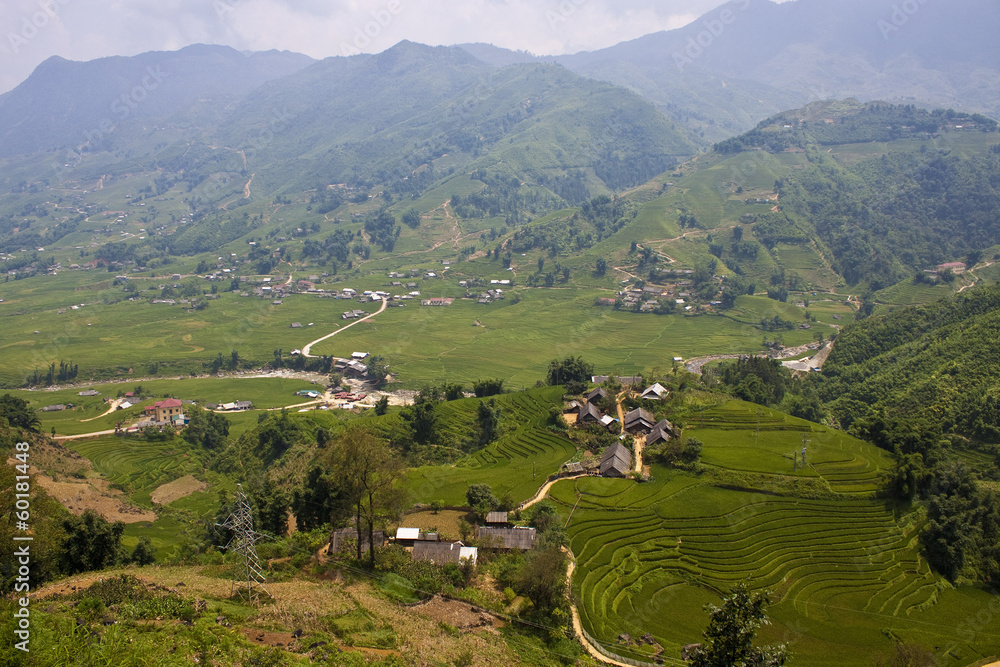 Paddy fields and small villages in mountains of northern Vietnam