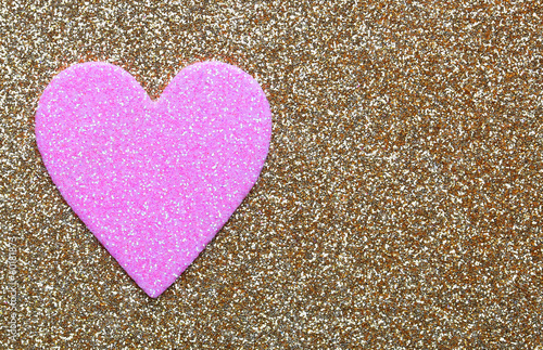 Pink Heart over Gold Glitter background. Valentines Day Card.