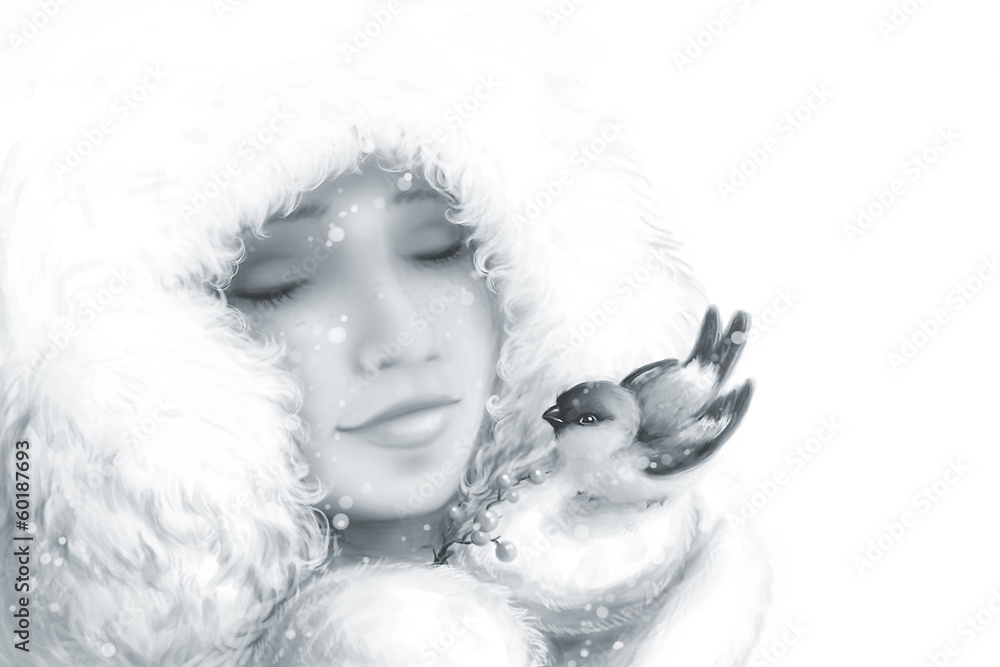 girl with a bullfinch. winter illustration