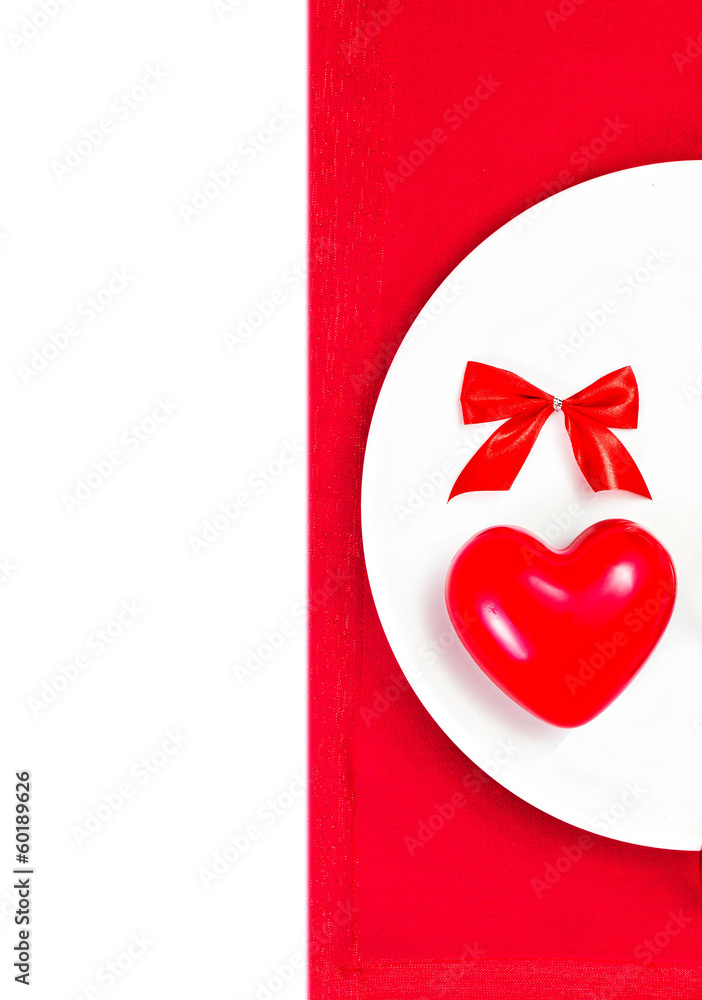 Valentines Day table setting place with copyspace. Red Heart on Valentines Day table setting place with copyspace. Red Heart on