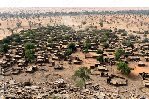 Dogon country view from the Bandiagara escarpment in the of Mali.