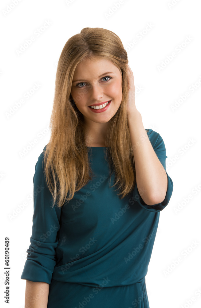 Young girl wearing elegant dress posing against white background Young girl wearing elegant dress posing against white background