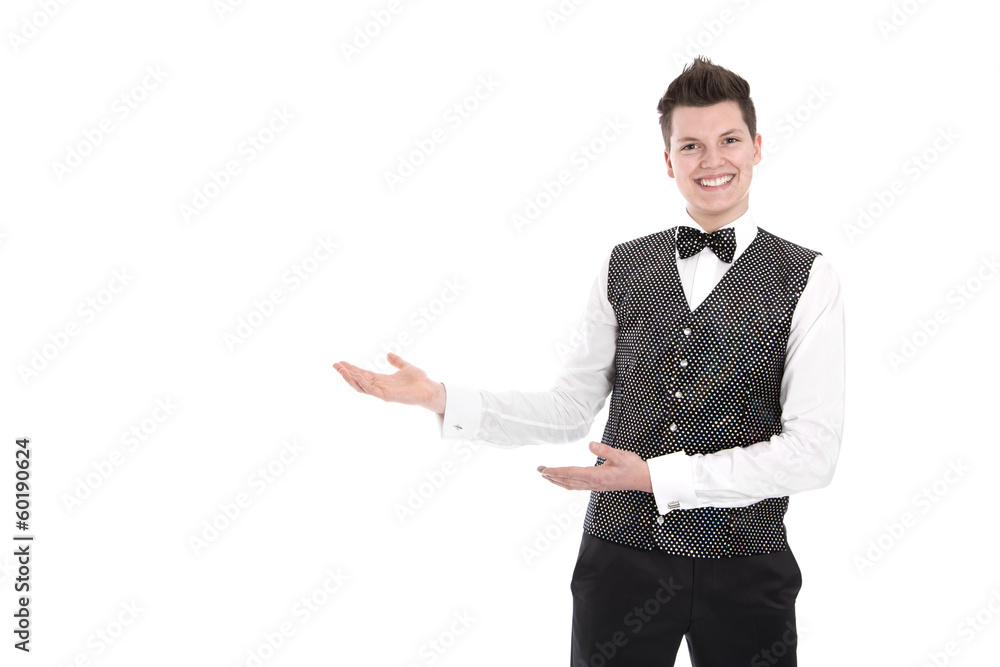 Junger Mann isoliert präsentiert mit der Hand Junger Mann isoliert präsentiert mit der Hand