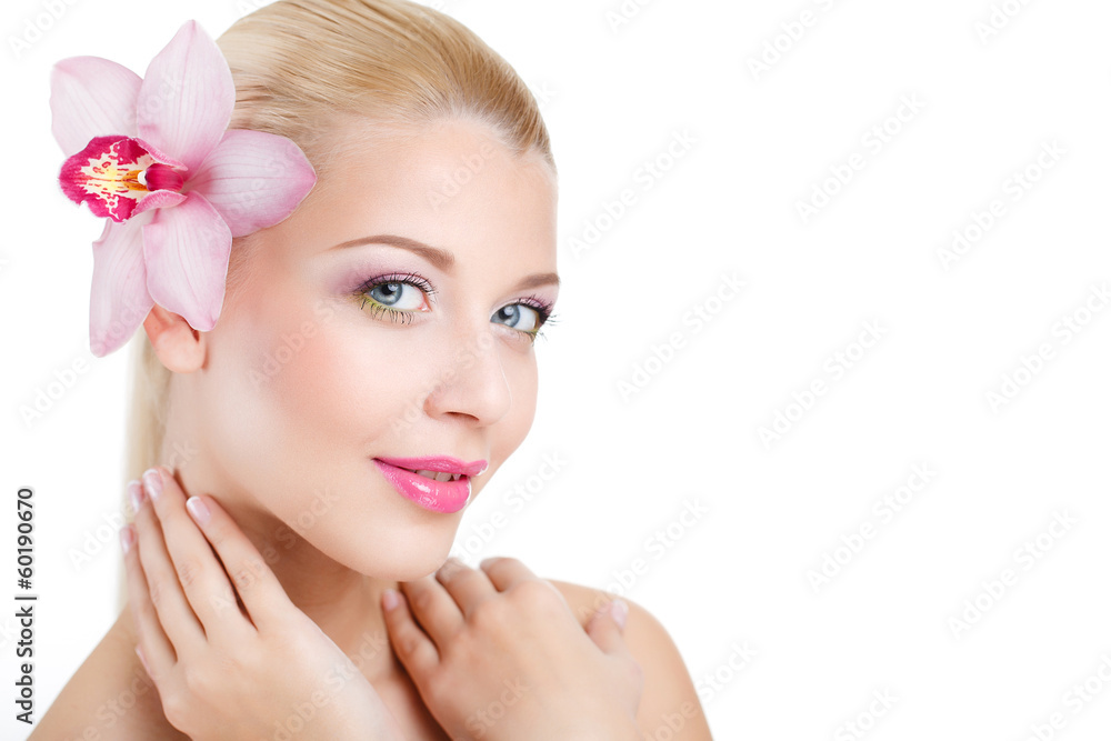 portrait of Beautiful woman With Orchid Flower in her hair portrait of Beautiful woman With Orchid Flower in her hair