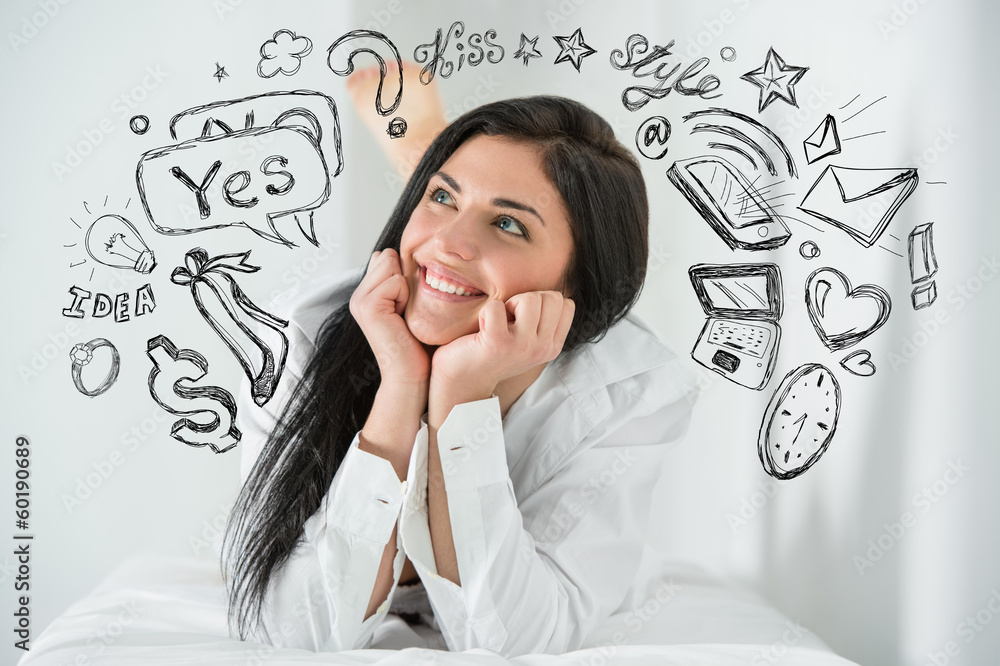 Young pretty woman thinking of her plans closeup face portrait a Young pretty woman thinking of her plans closeup face portrait a