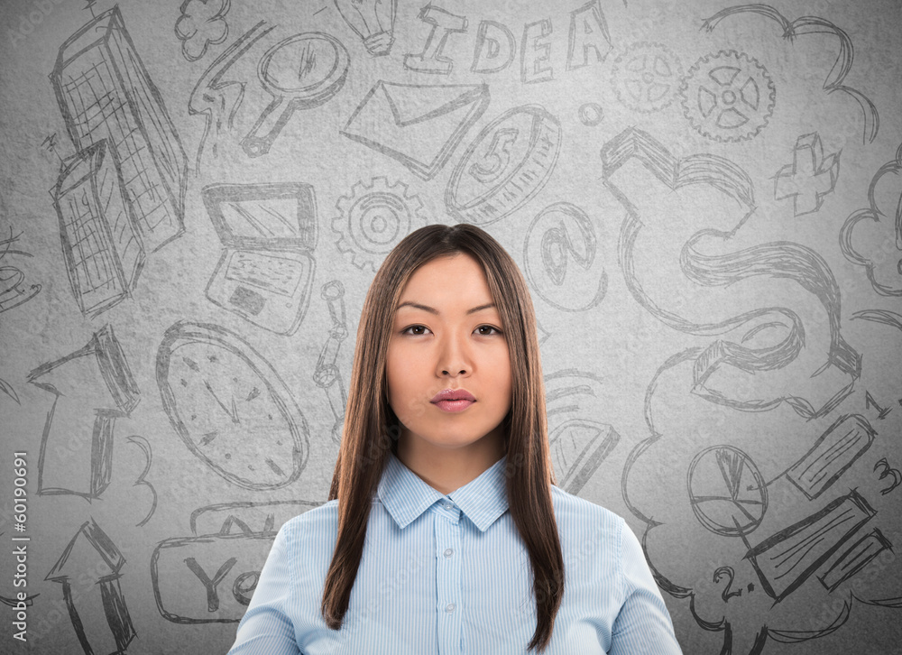 Young business woman thinking of her plans closeup face portrait Young business woman thinking of her plans closeup face portrait