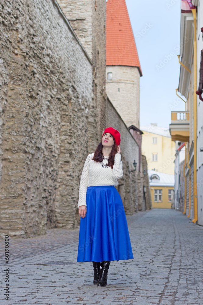 attractive woman walking in ancient town attractive woman walking in ancient town