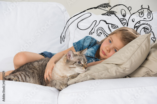 Fotografia Scared little girl hugging her cat. Sketches of his fictional fe