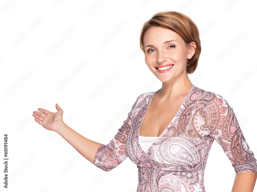 Portrait of adult happy woman with presentation gesture Portrait of adult happy woman with presentation gesture