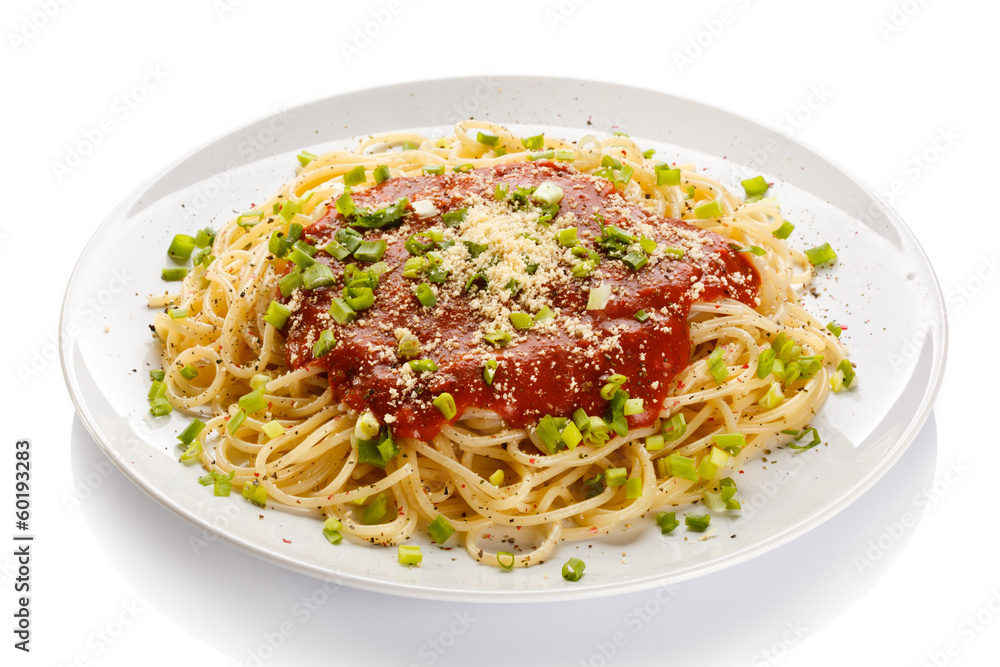 Pasta with tomato sauce, parmesan and vegetables