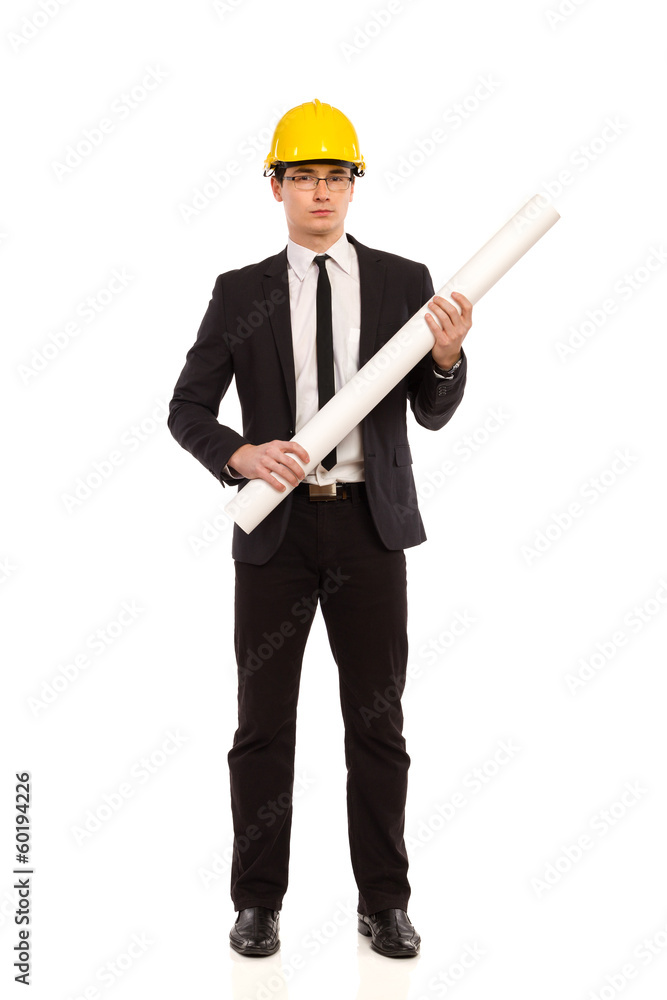Engineer holding rolled paper plan. Engineer holding rolled paper plan.